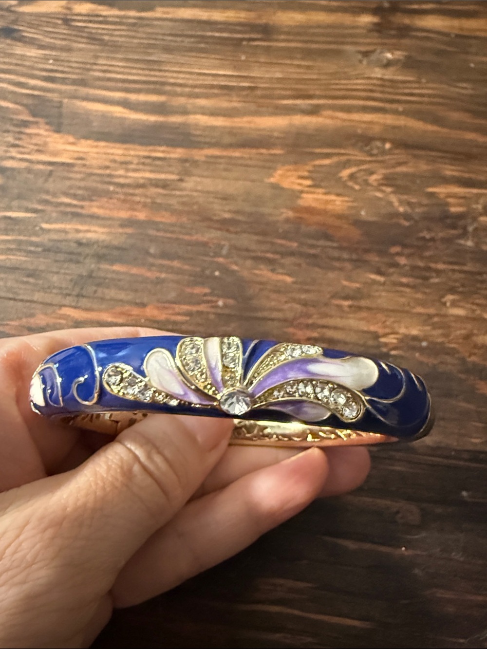 Cloisonne Gold Plated Blue and Purple Enamel Crystal Bangle Bracelet